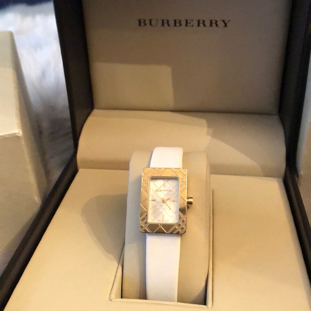 White Leather Strap Slim Burberry Watch Gold Face